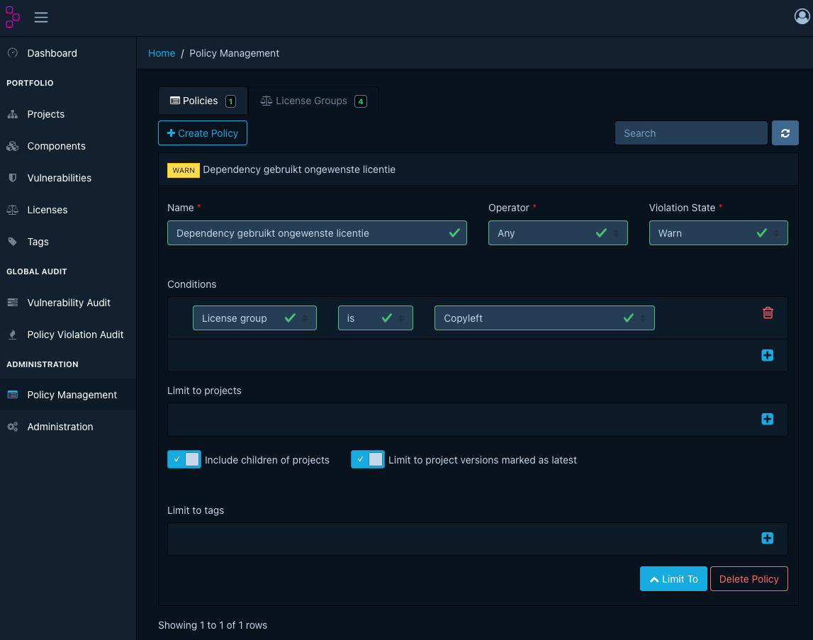 Screenshot van policy-management in Dependency-Track: Screenshot van policy-management in Dependency-Track