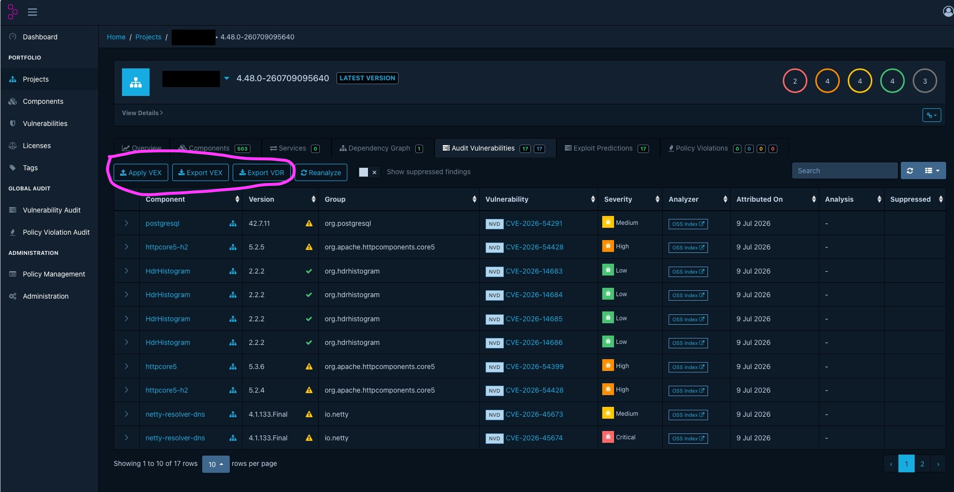 Screenshot van VEX en VDR export in Dependency-Track: Screenshot van VEX en VDR export in Dependency-Track